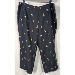 Edward Silk Linen Pants Women's Sz 16 Black Embroidered Pineapple Safari Animals